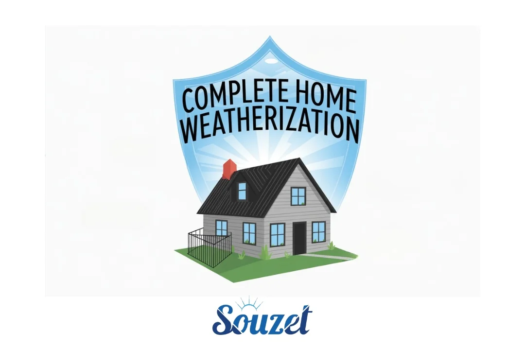 Infographic explaining home weatherization in Massachusetts, showing how attic insulation and air sealing protect a home.