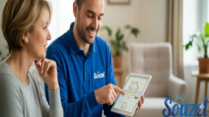 The Souzet customer journey in action, with professional technicians preparing a home for a clean and respectful energy efficiency installation.