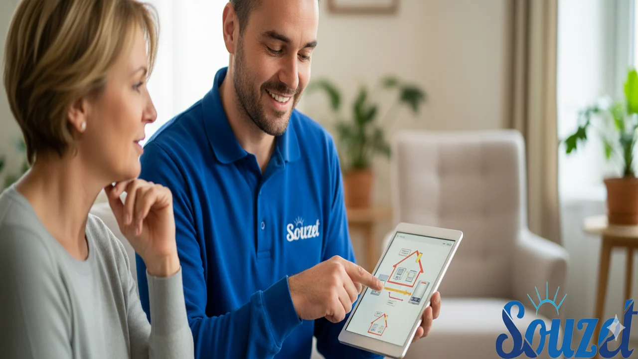 The Souzet customer journey in action, with professional technicians preparing a home for a clean and respectful energy efficiency installation.