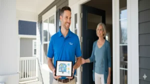 A Souzet energy specialist beginning a No-Cost Home Energy Assessment in a Massachusetts home, holding a checklist.