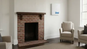 An example of a discreet mini-split installation of old home heat pumps, showing how modern technology fits into a classic Massachusetts home.