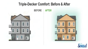 An infographic showing how to fix the top energy mistakes in a Boston Triple-Decker with Mass Save® insulation and heat pumps.