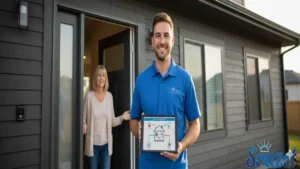 A Souzet energy specialist beginning a No-Cost Home Energy Assessment in a Massachusetts home, holding a checklist.