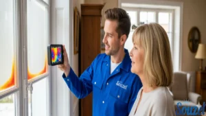 A technician conducting a blower door test during a No-Cost Home Energy Assessment to find air leaks for a homeowner.